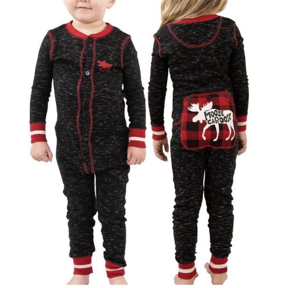 Lazy One "Moose Caboose" FlapJack 100% Cotton Red/Black Buffalo Print Pjs Sz 2T